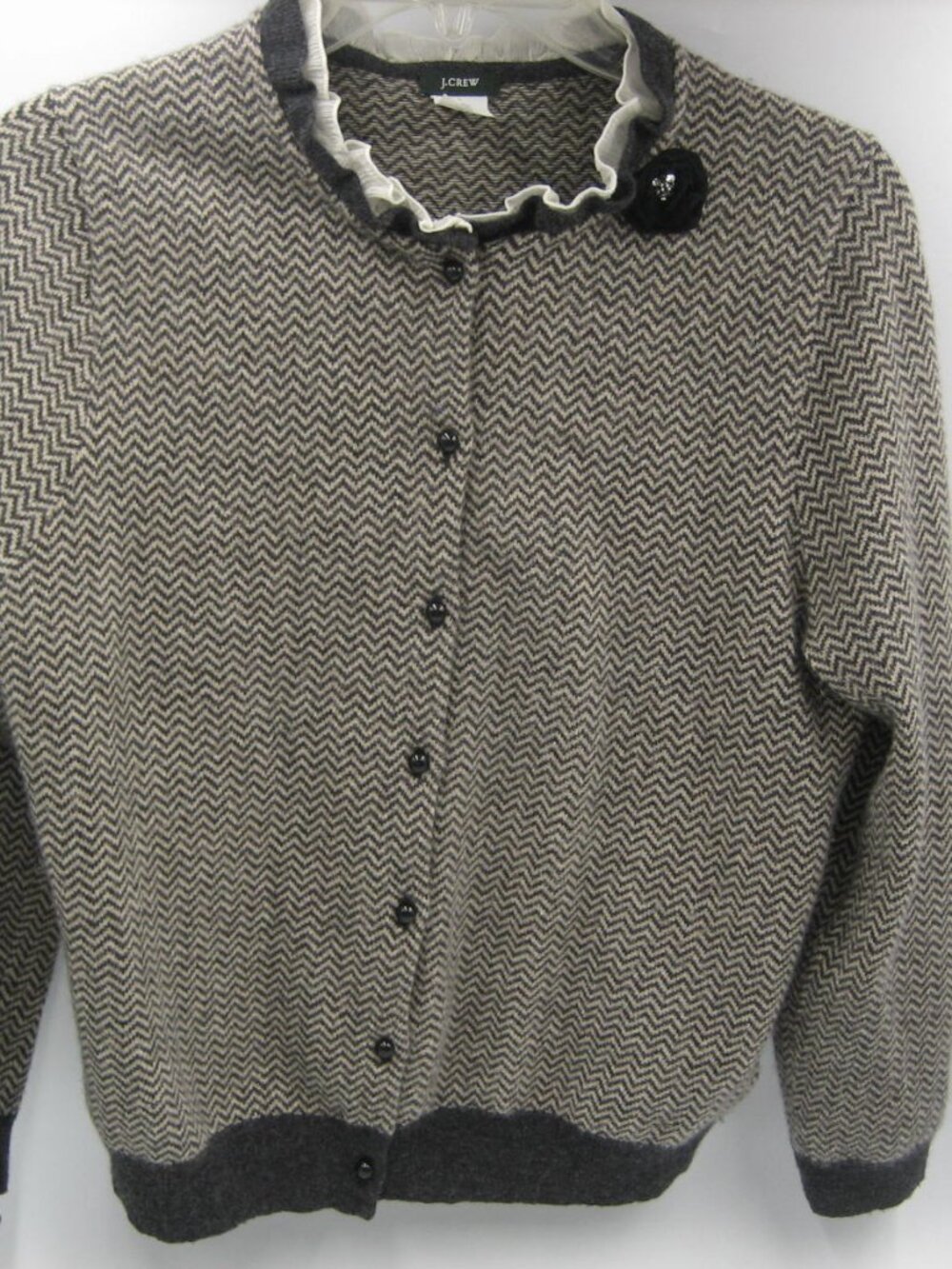 J. Crew Cardigan Sweater Grey Herringbone Large Ruffle Collar Wool Cashmere READ